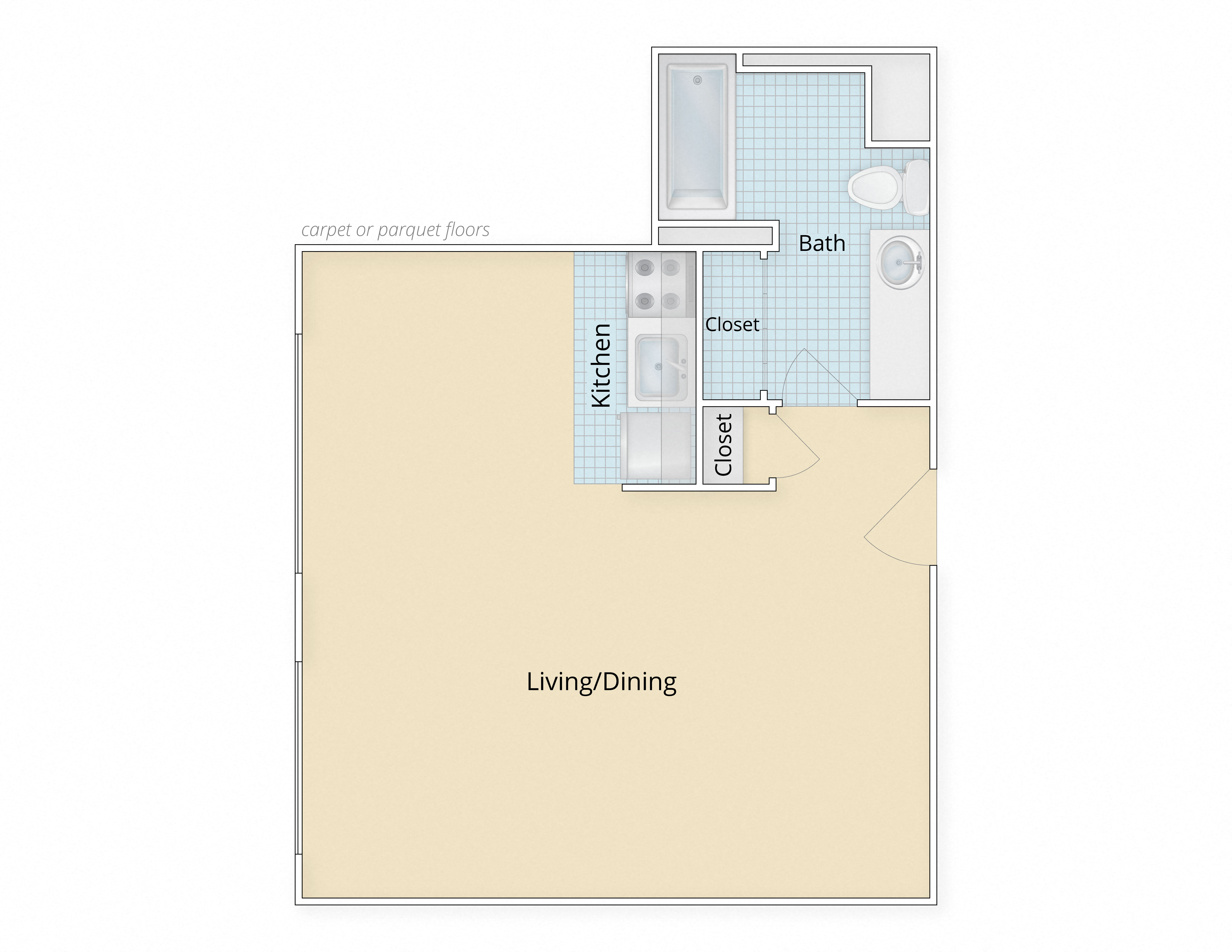 Floor plan for studio, 1 bath, 420 sqft